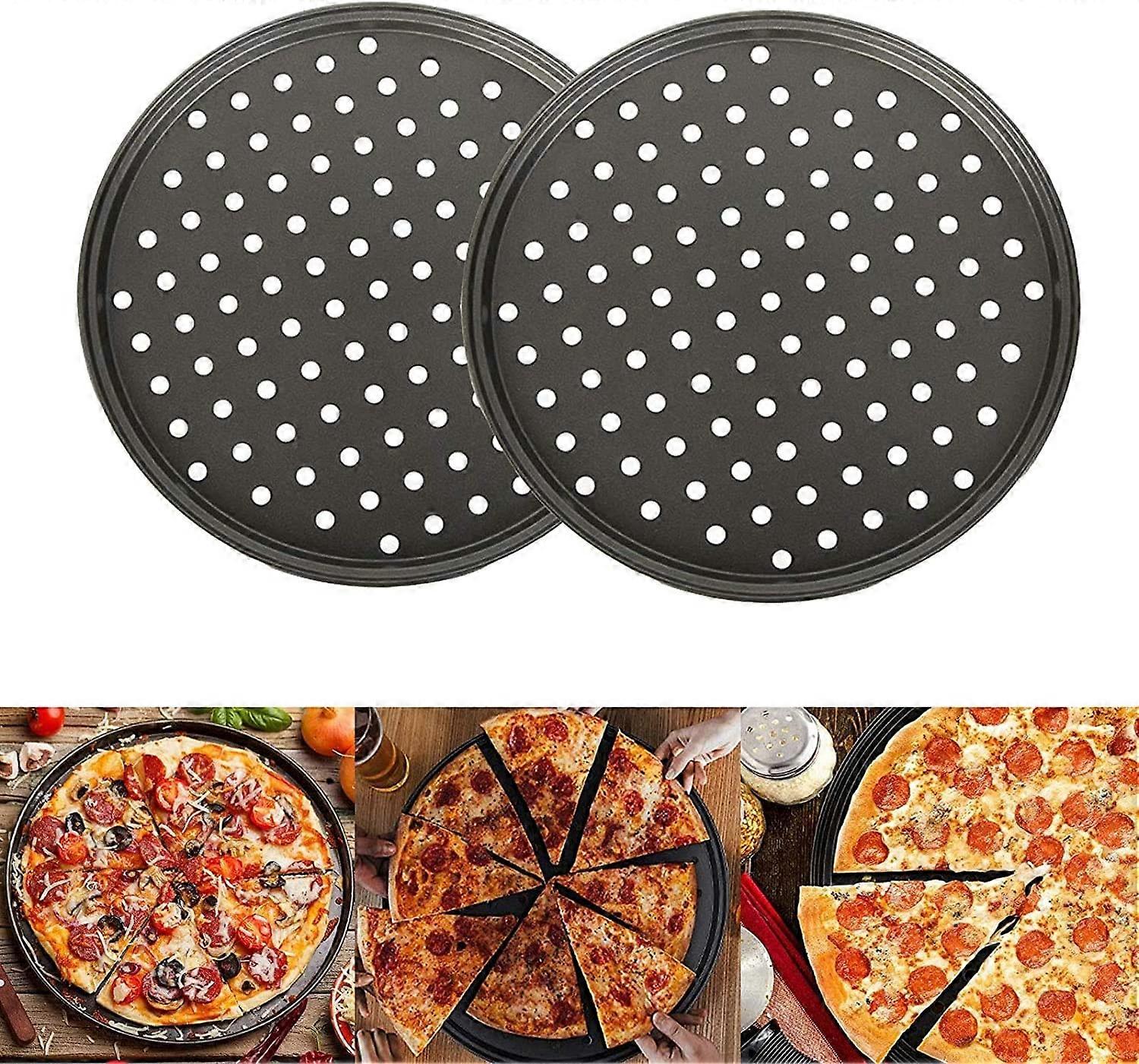 Pizzabrett, pizzasett 2 stk, non-stick pizza stekebrett med hull, karbon s