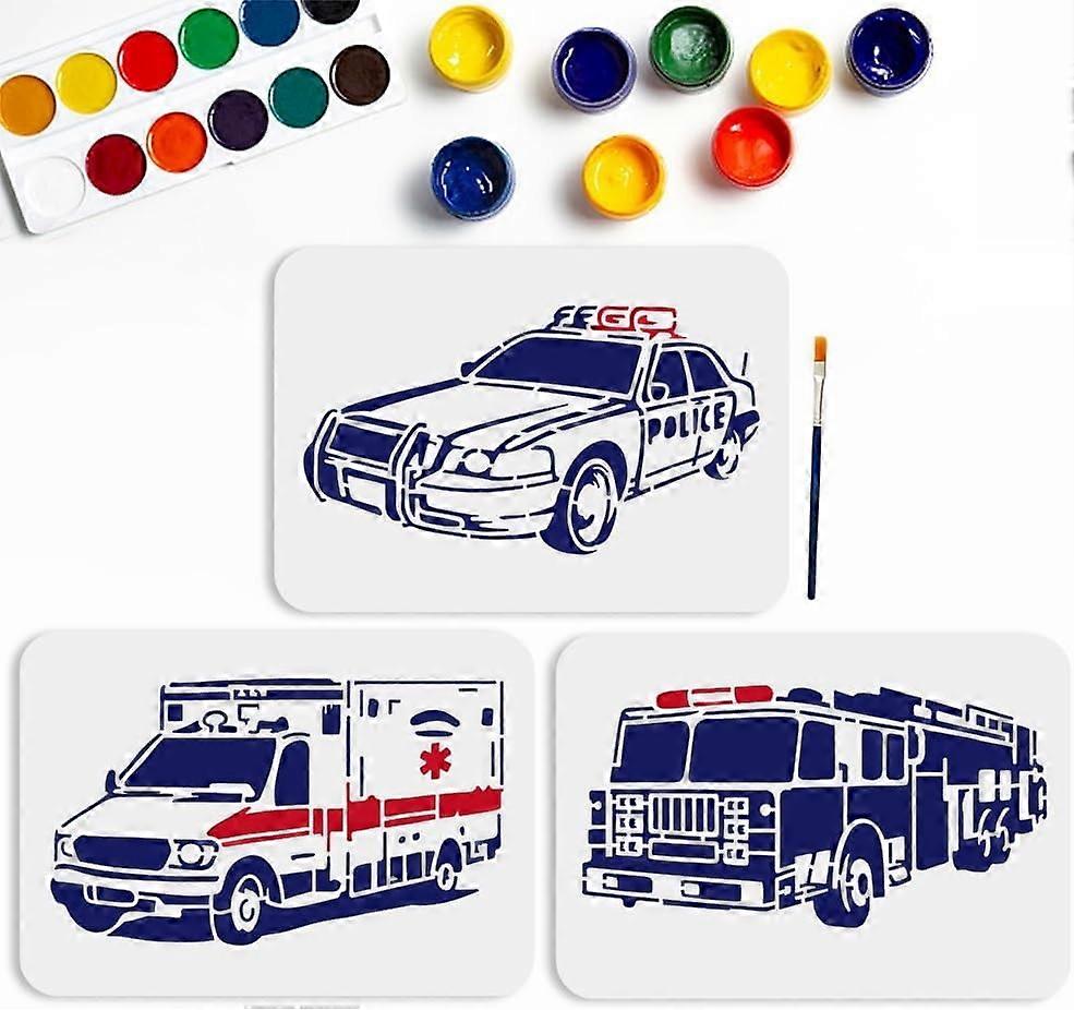 3pcs Car Ambulance Police Car Stencil 11.78.3inch Large Car Themed Stencils with Paint Brush