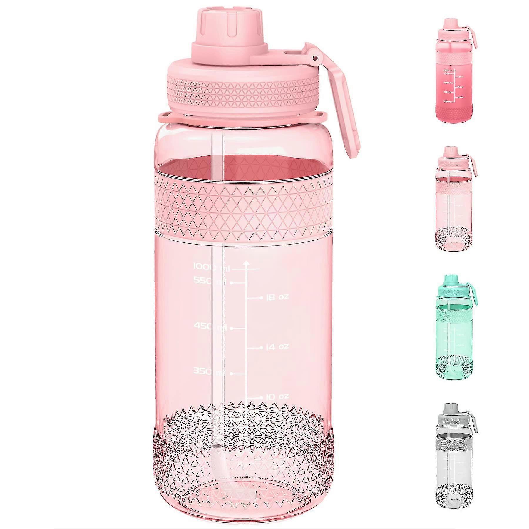 Sports Water Bottle With Straw, 1l/2l Water Bottles With Marker & Leakproof Lid & No Sweat Handle Bottle