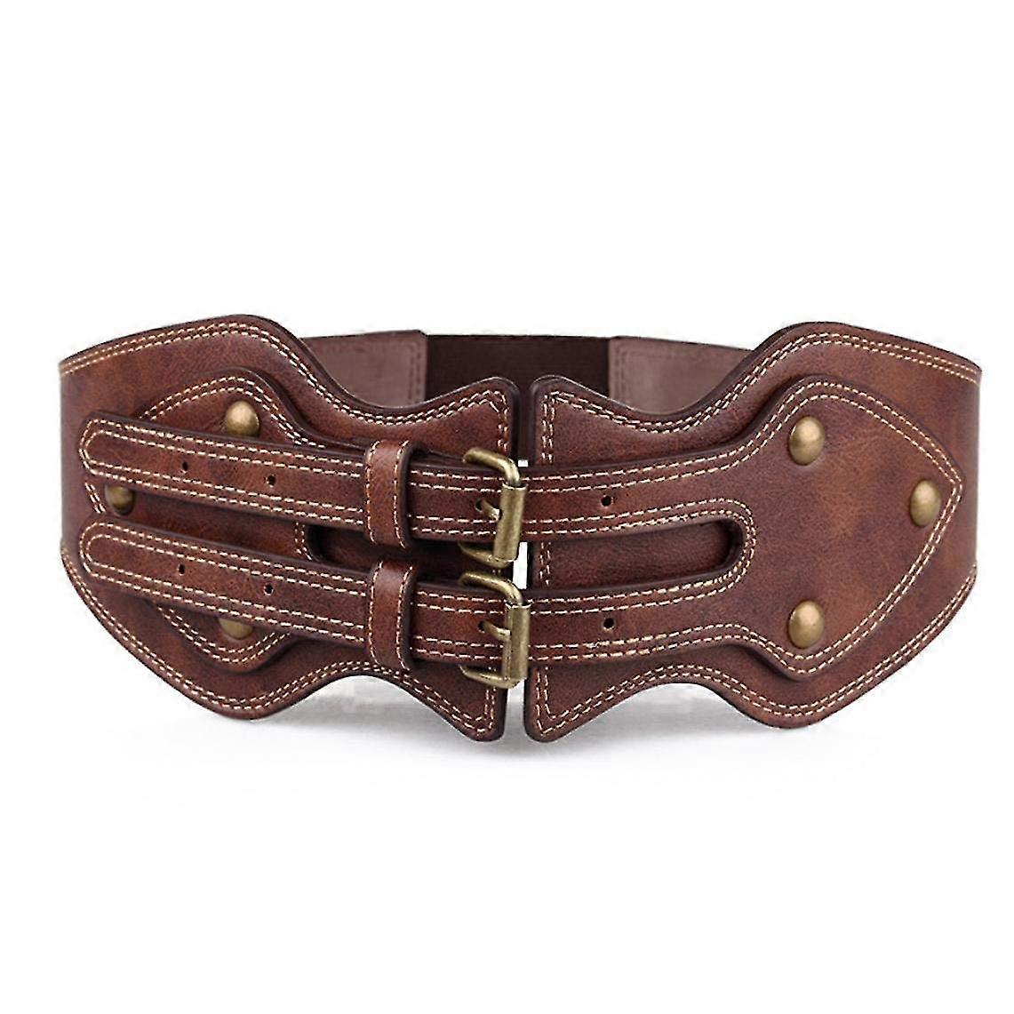 Women's Wide Belt Elastic Drawstring Elastic Band Wrap Double Buckle Decoration Vintage High Waist Belt Ladies Dress