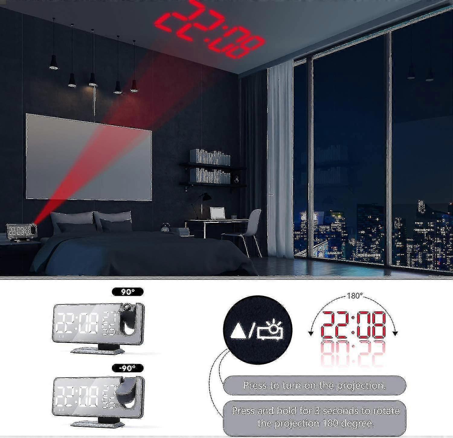 Despertador digital de projeção para quartos, rádio despertador com projeção no teto, Dual Alar-YNP