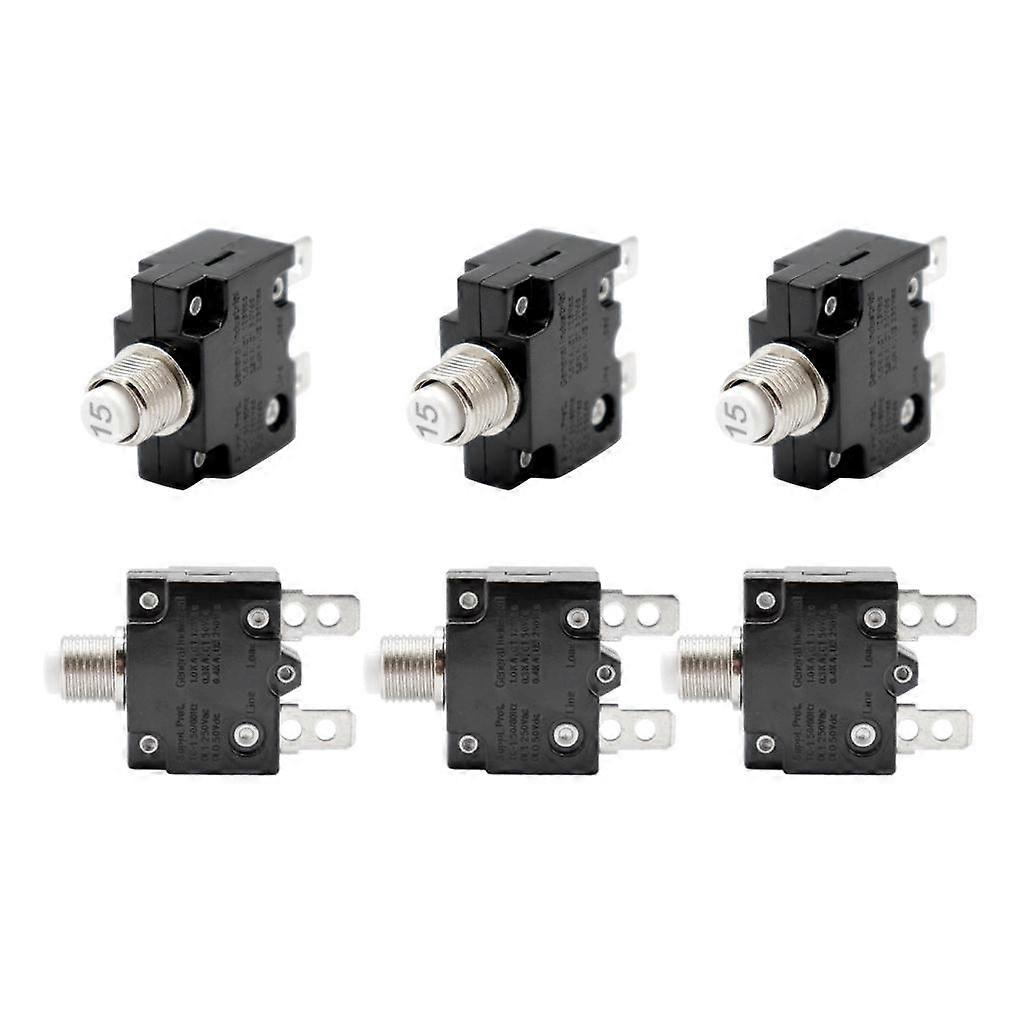 6pcs 15APush Button Resettable Circuit Breaker with Quick Terminals 15AMP