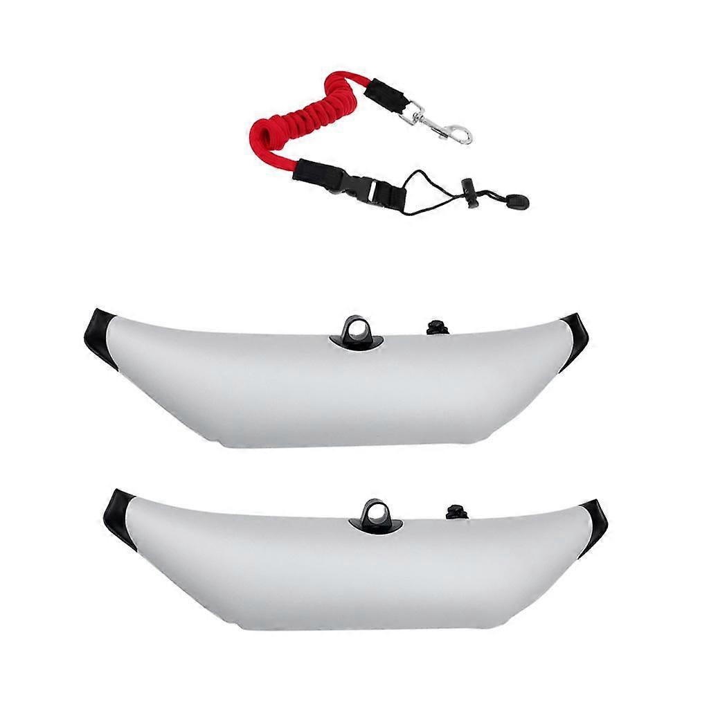 Heavy Duty Kayak Canoe Boat Fishing Standing 2x White PVC Inflatable Outrigger Stabilizer Water Buoyant Float & Elastic Paddle Leash