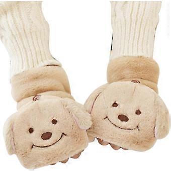 Dww-Cartoon Puppy Winter Fingerless Handskar - Khaki, Peluche Animal Shaped Fingerless Handskar, Convertible Handskar, Fingerless Handskar med Handsköverdrag