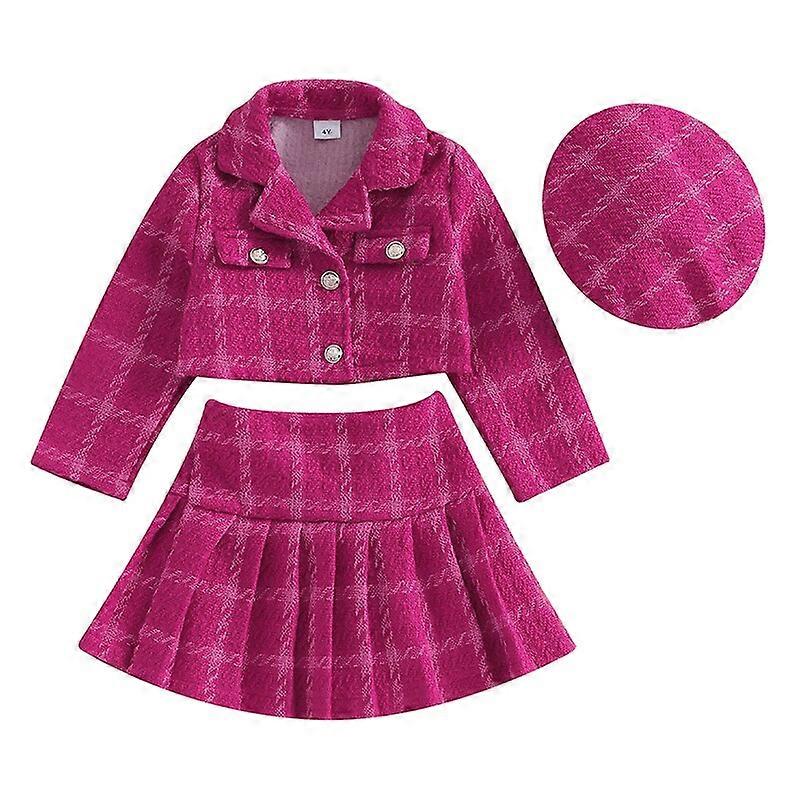 3-7Y Kids Autumn Winter Outfits Baby Long Sleeve Blazer Coat + Plaid Pleated Skirt + Beret Sets Children Fashion ClothesKIDS Outfit Sets
