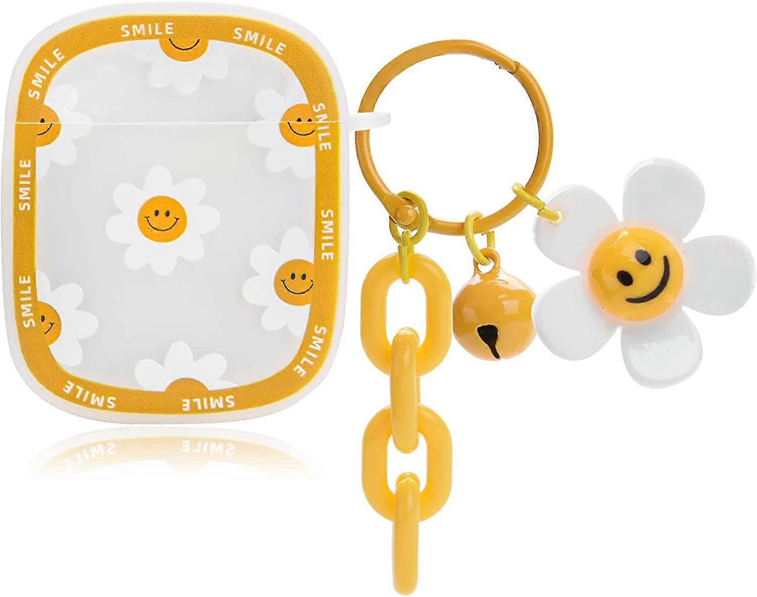 Cute AirPod Case with Smile Daisy Flower Ornament Keychain Silicone Protective Cover Compatible with AirPods 2nd & 1st Generation for Women and Girls