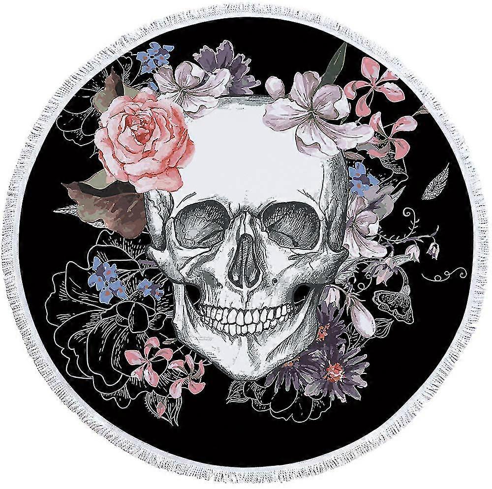 Round Beach Towel Blanket Skull Flower Skeleton Beach Blanket Roundie Line Art Beach Blanket Roundie
