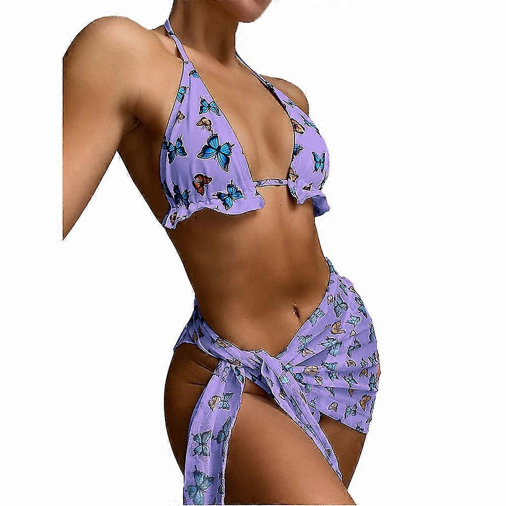 Women Butterfly Print Swimwear Brazilian Bikini Set Strappy Bra Wrap Cover Up Swimsuit Beachwear Bathing Suit