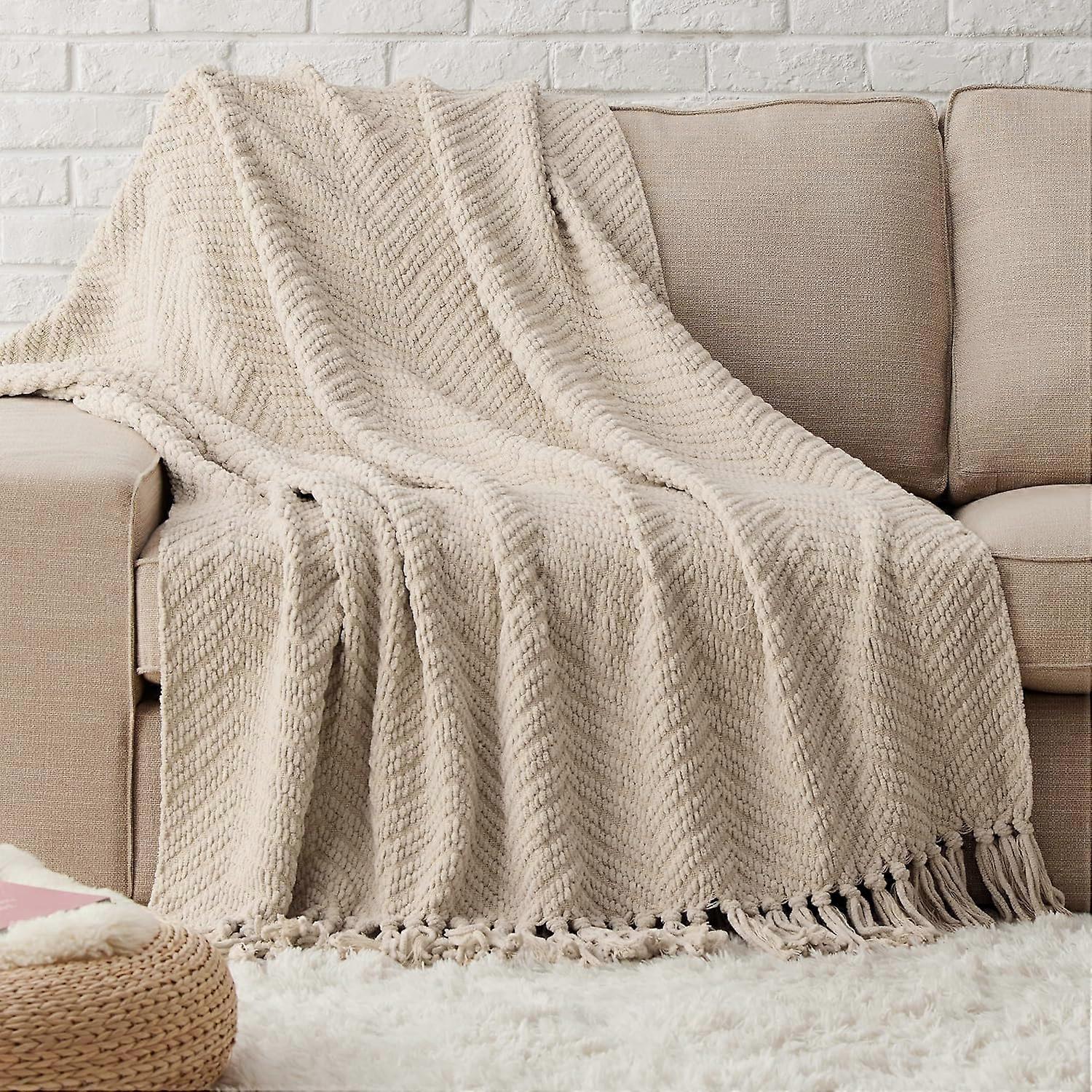 Cream White Throw Blanket for Couch, Knit Woven Chenille Blanket Versatile for Twin Bed, 60 x 80 Inch, Super Soft Warm Decorative Ivory Blanket with T