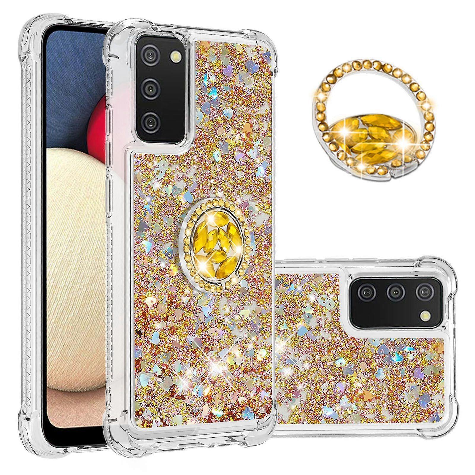 Case for Samsung Galaxy A02S Bling Flowing Liquid Floating Sparkle Glitter Bumper with Rotation Ring Kickstand Compatible with Samsung Galaxy A02S Cas
