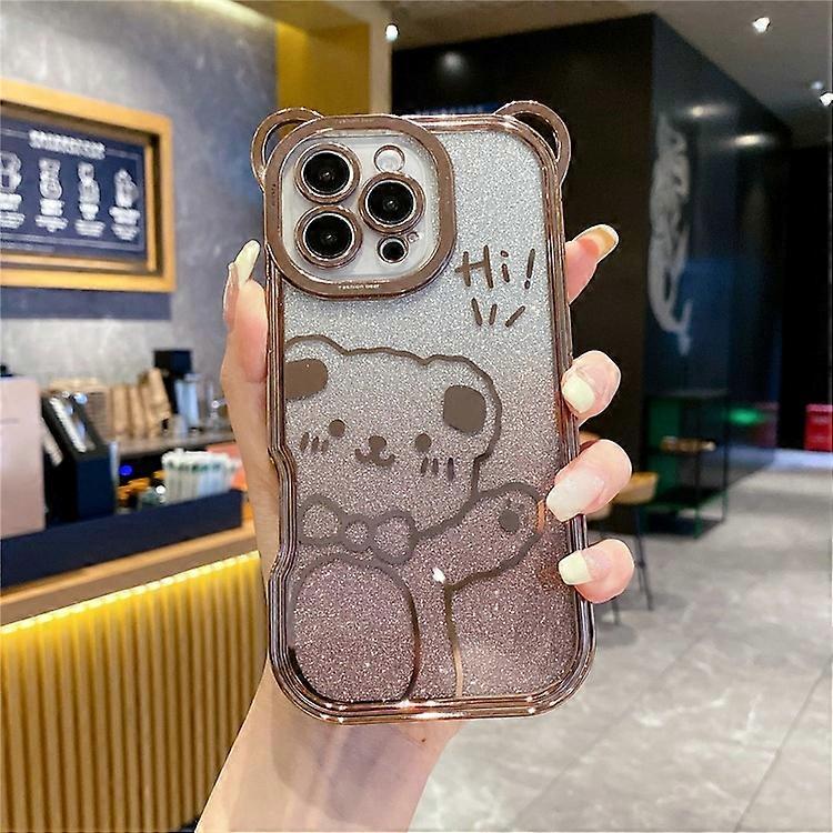 Compatible For iPhone 16 Pro Case Cute Bear Electroplating TPU Phone Cover with Gradient Glitter Paper