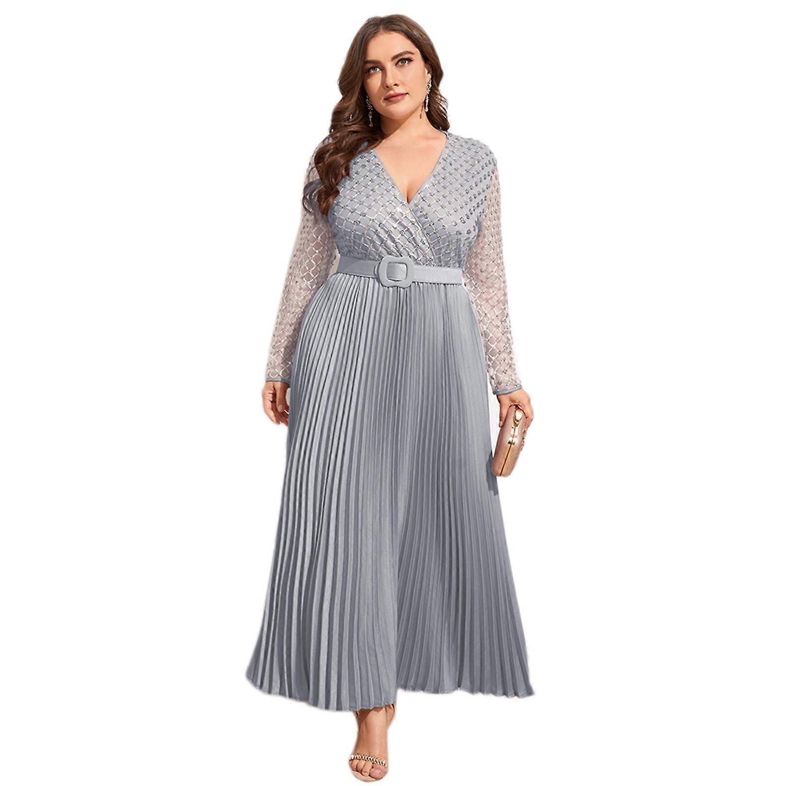 Plus Size Evening Part Dress for Women Elegant Muslim Swing Dress Long  Sleeve Dress Mid East Vacation Dress V Neck Dress light grey XL | Fruugo SE