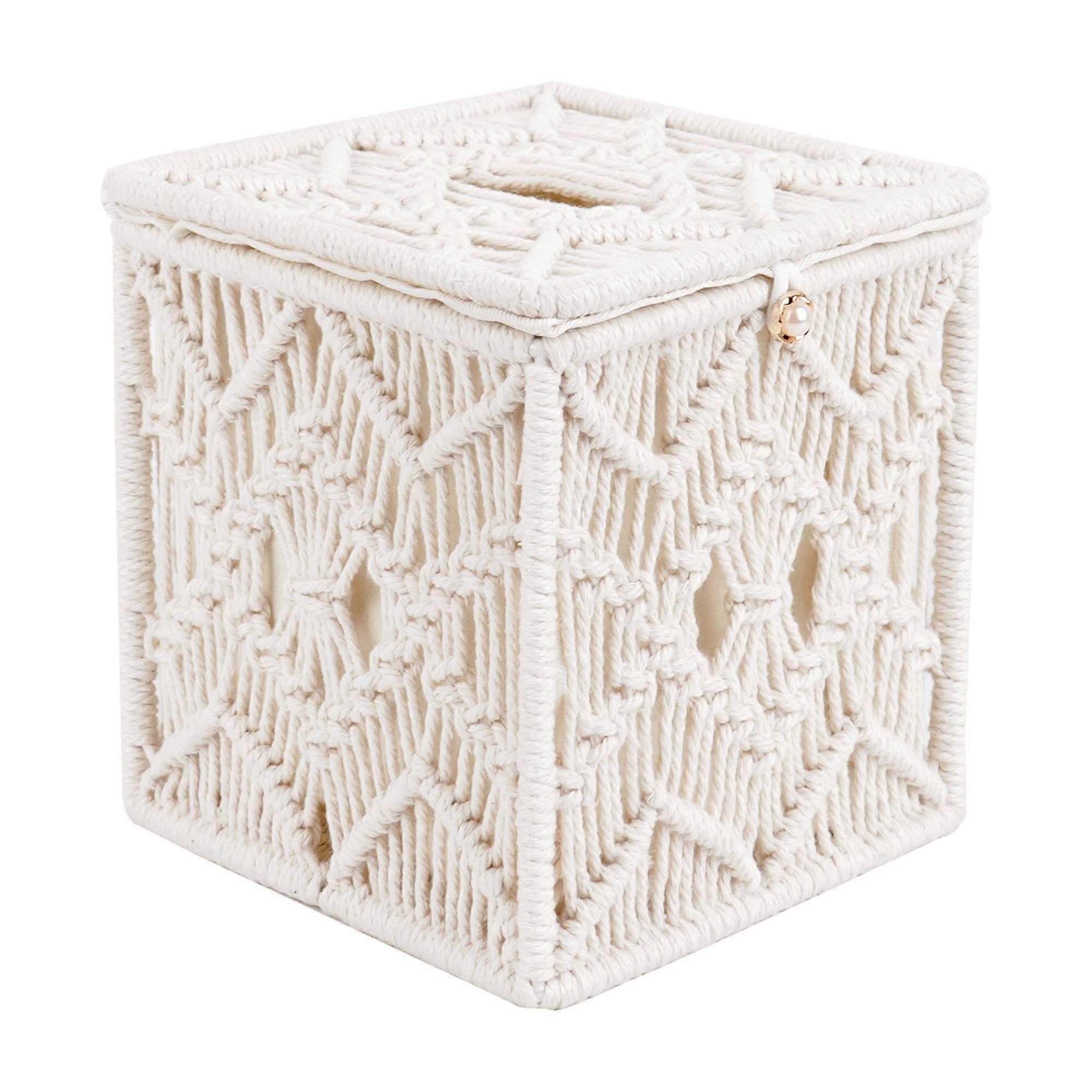 White Macrame Tissue Box Cover Square Braided Rope for Boho Style Coastal Home Decor Women Rustic Design 6x6 Inches