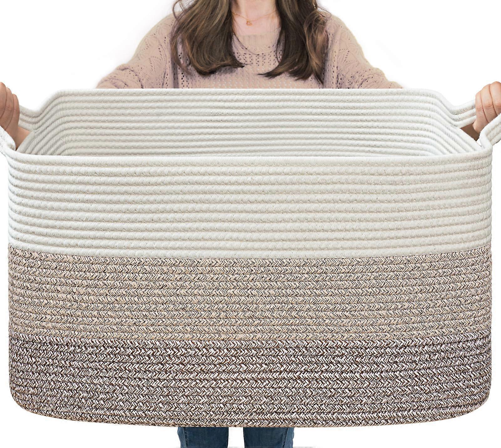 Storage Basket 21.6 x 14.9 x 11.8 Light Brown Woven Blanket Basket for Living Room, Clothes and Toy Organizer