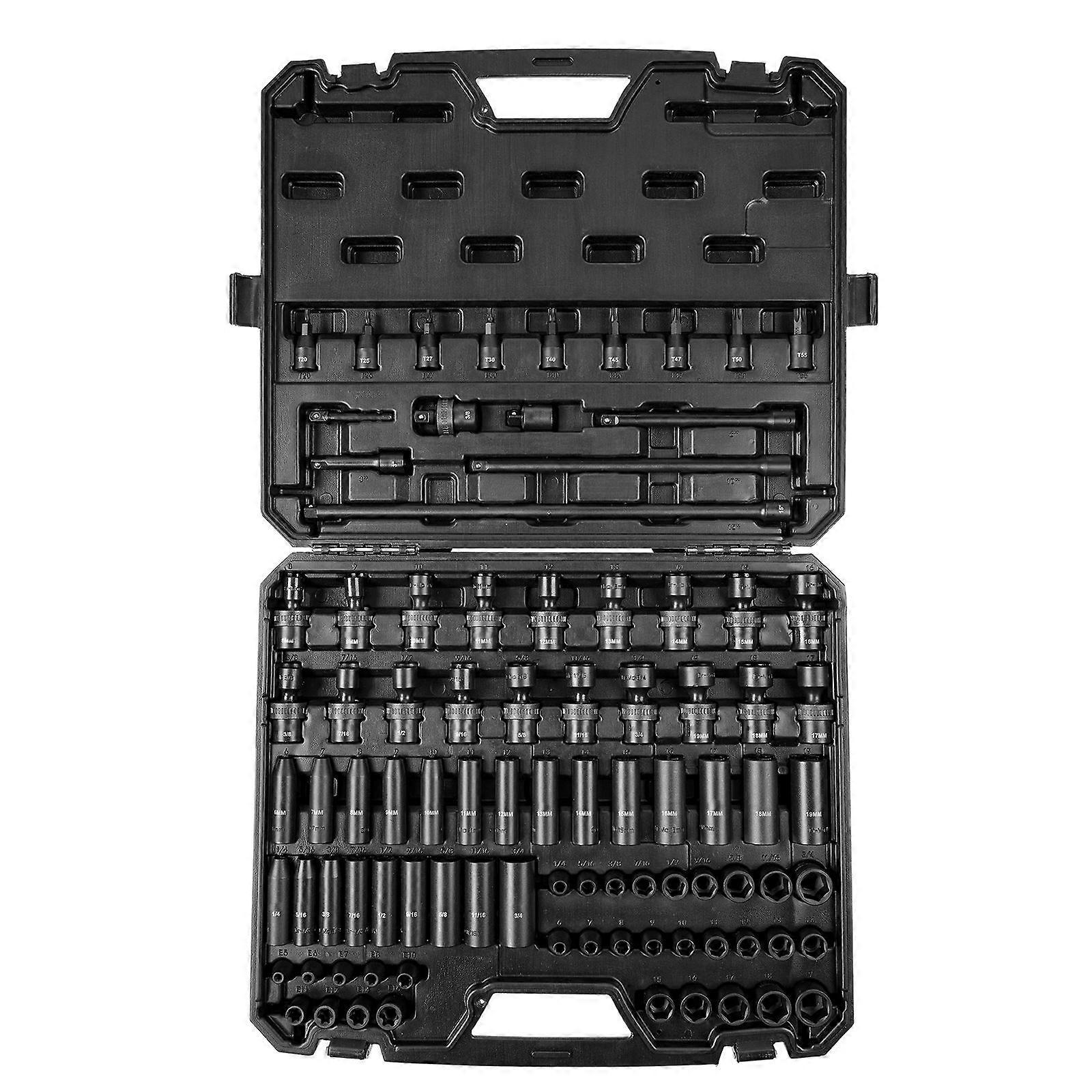 3/8" Drive Impact Socket Set, SAE 1/4"-3/4" and Metric 6-19mm 90 Piece Socket Set, 6 Point Cr-Mo Alloy Steel for Auto Repair