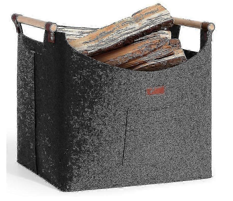 Large fireplace wood basket with wood handle - felt basket for firewood, shopping, and newspapers