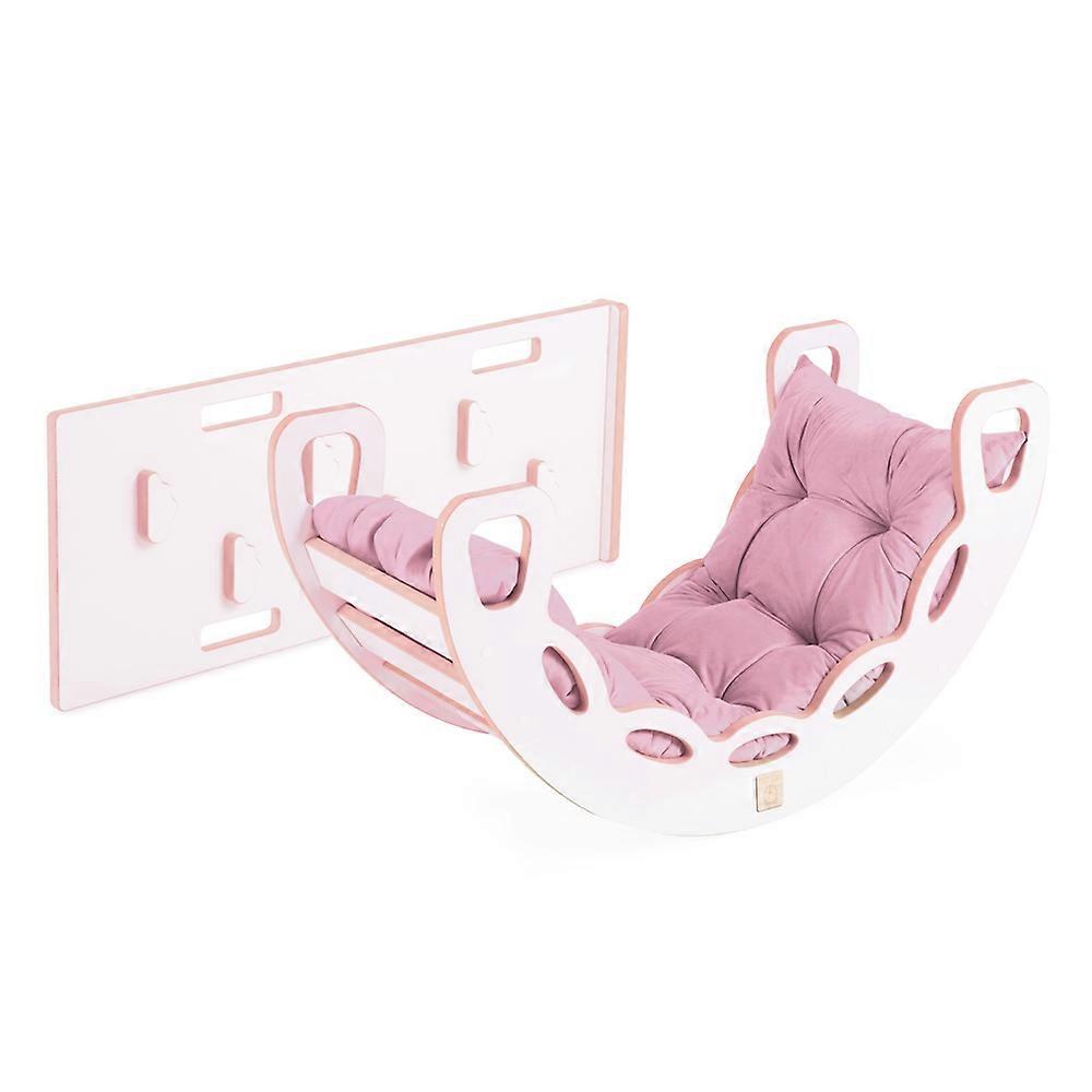 Misioo Rocker Small Rocker 4 in 1 + Climbing Wall/Slide + Cushion (Pink Velvet) White Wooden Play