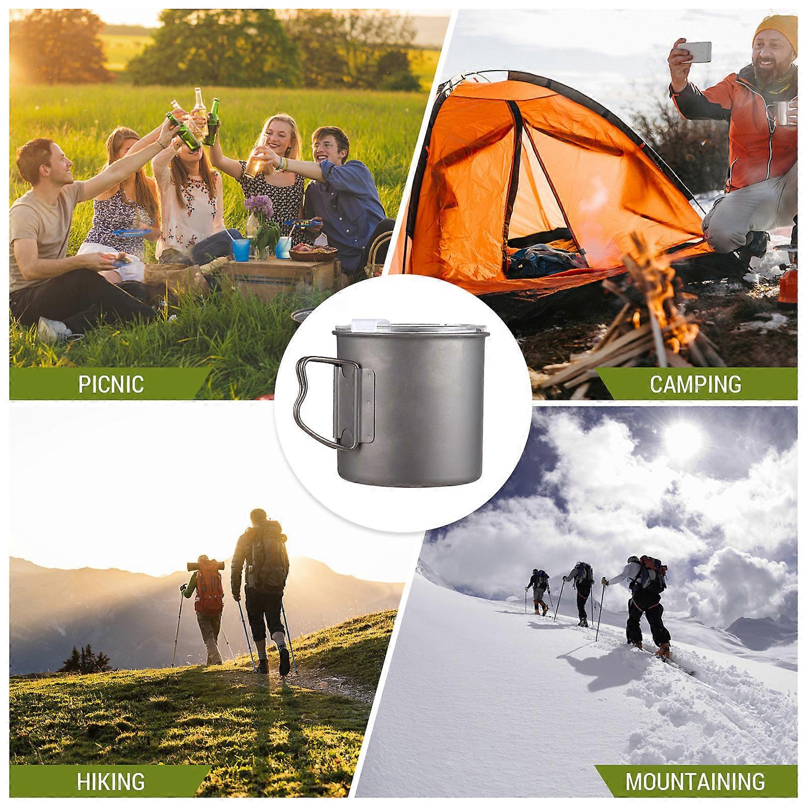 600ml Titanium Camping Water Cup with Folding Handle & Lid 9x9x10cm