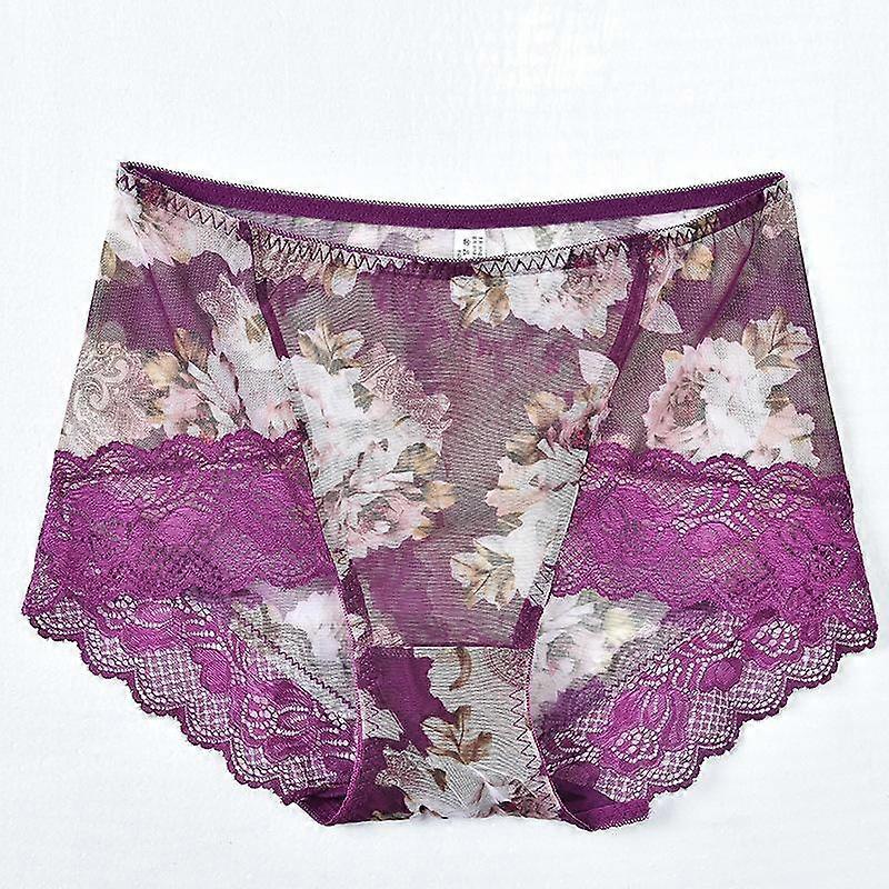 Printed Lace Panties Women's Mid Waist Traceless Mesh Underwear Plus Size Antibacterial Sexy Breathable Triangular Panty