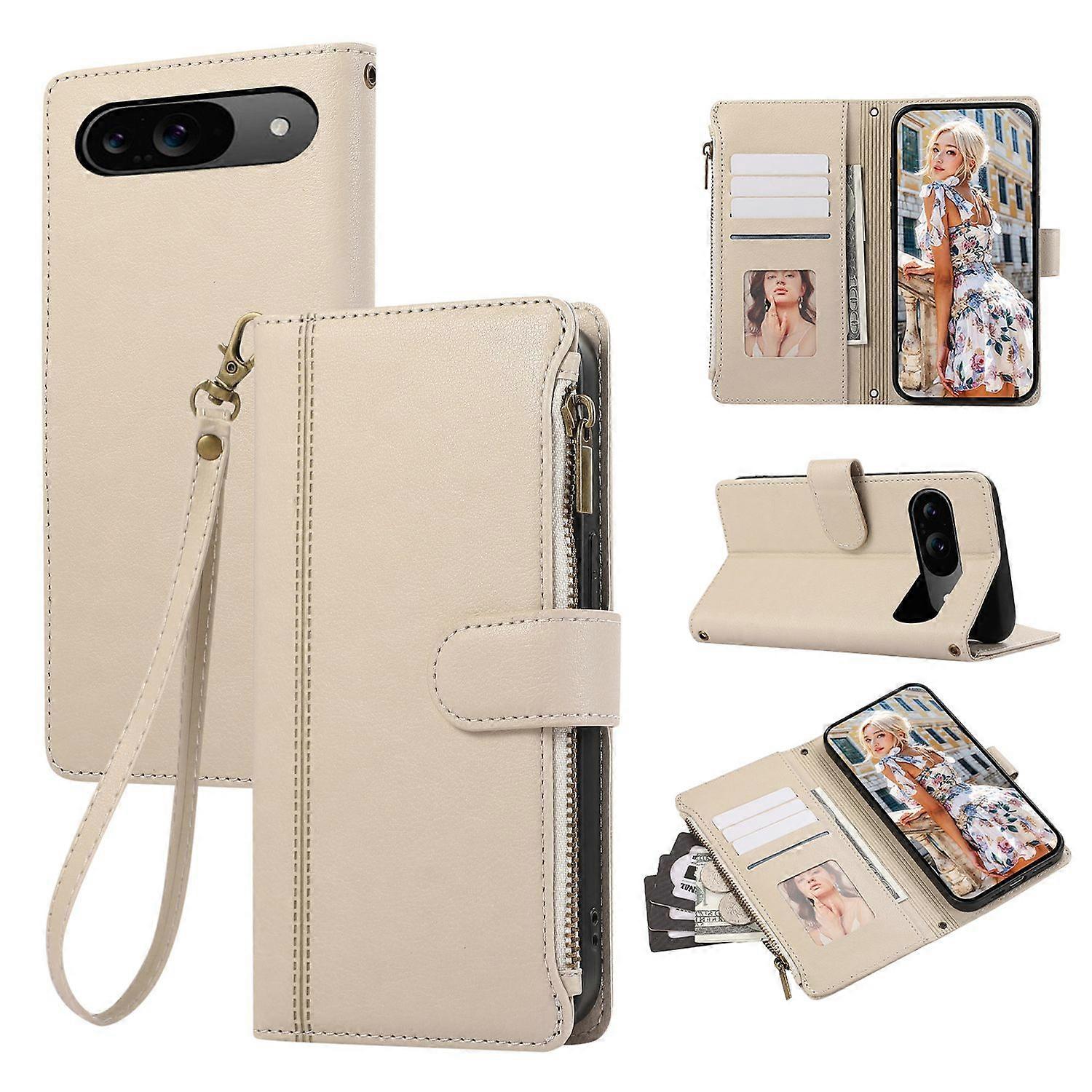 For Google Pixel 9 Pixel 9 Pro Case Multi Card Slots Zipper Leather Phone Cover with Wrist Strap