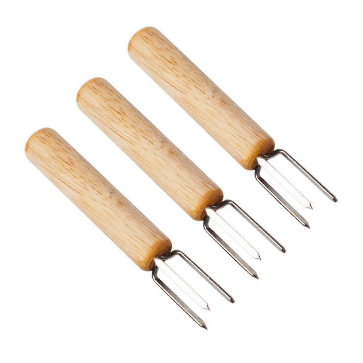 Corn Holders 3 Pack - Metal Corn Forks And Barbecue Skewers Set, Wood Handle, Model 1