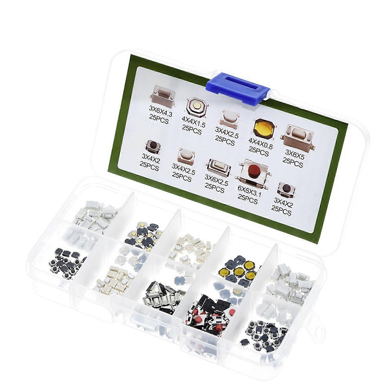 250Pcs Touch Microswitches Tactile Button Switches Kit 10 Varieties For Car Key Remote Control Electronics Projects Multicolor