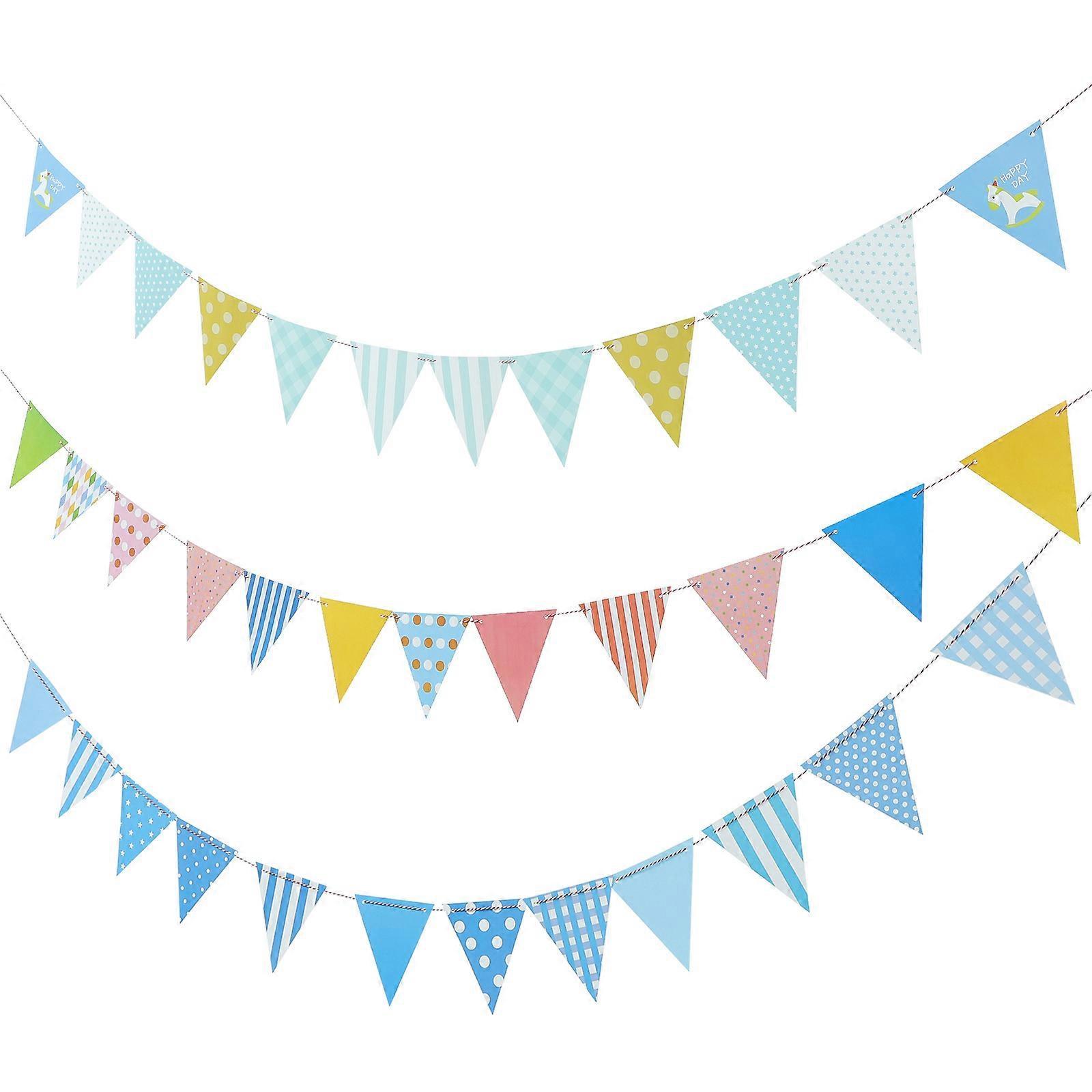 3 Sets Paper Pennant Banner Triangle Flags for Birthday Party Decorations, Blue Checkered Horse Design, Lightweight Portable Bunting for Home and