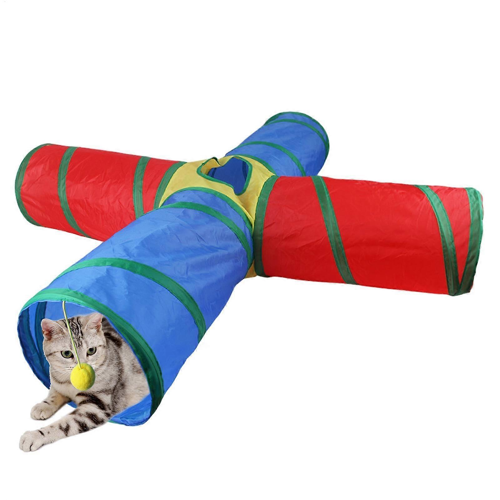 Cat play tunnel, kitten tunnel toy 4way rainbow kitten foldable cat tunnel, interactive pet toy portable animal care for ferrets and rabbits.