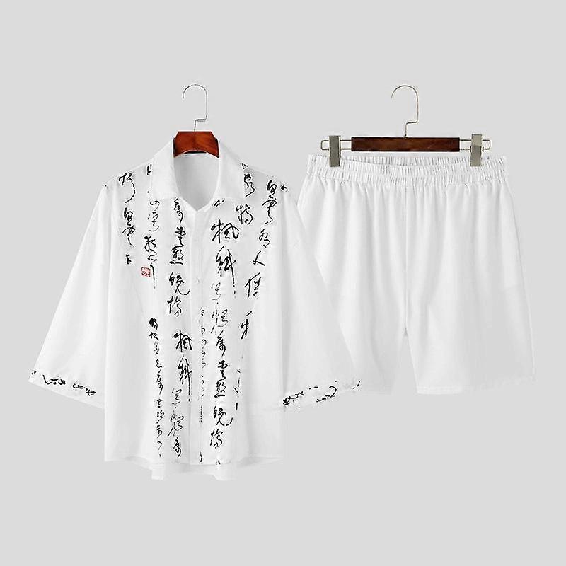 INCERUN Two Piece Suit Men Patchwork Short Sleeve Shirt Shorts Set Oversized Pants Outfits