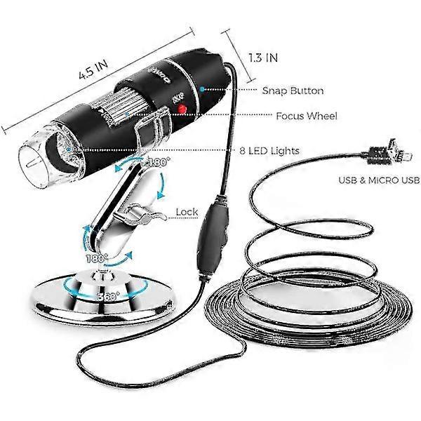 USB microscope with 8 LED lights, USB 2.0 digital microscope, 40 to 1000x magnification, mini camera with OTG adapter and metal stand, compatible with