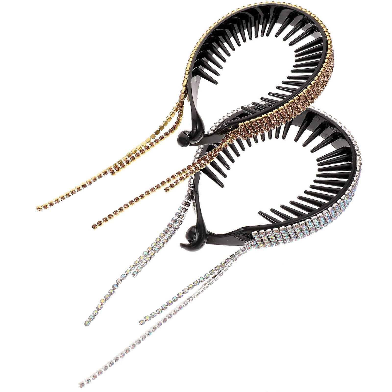 2Pcs Rhinestone Hair Bun Holders Glitter Ponytail Clips with Sparkling Rhinestones