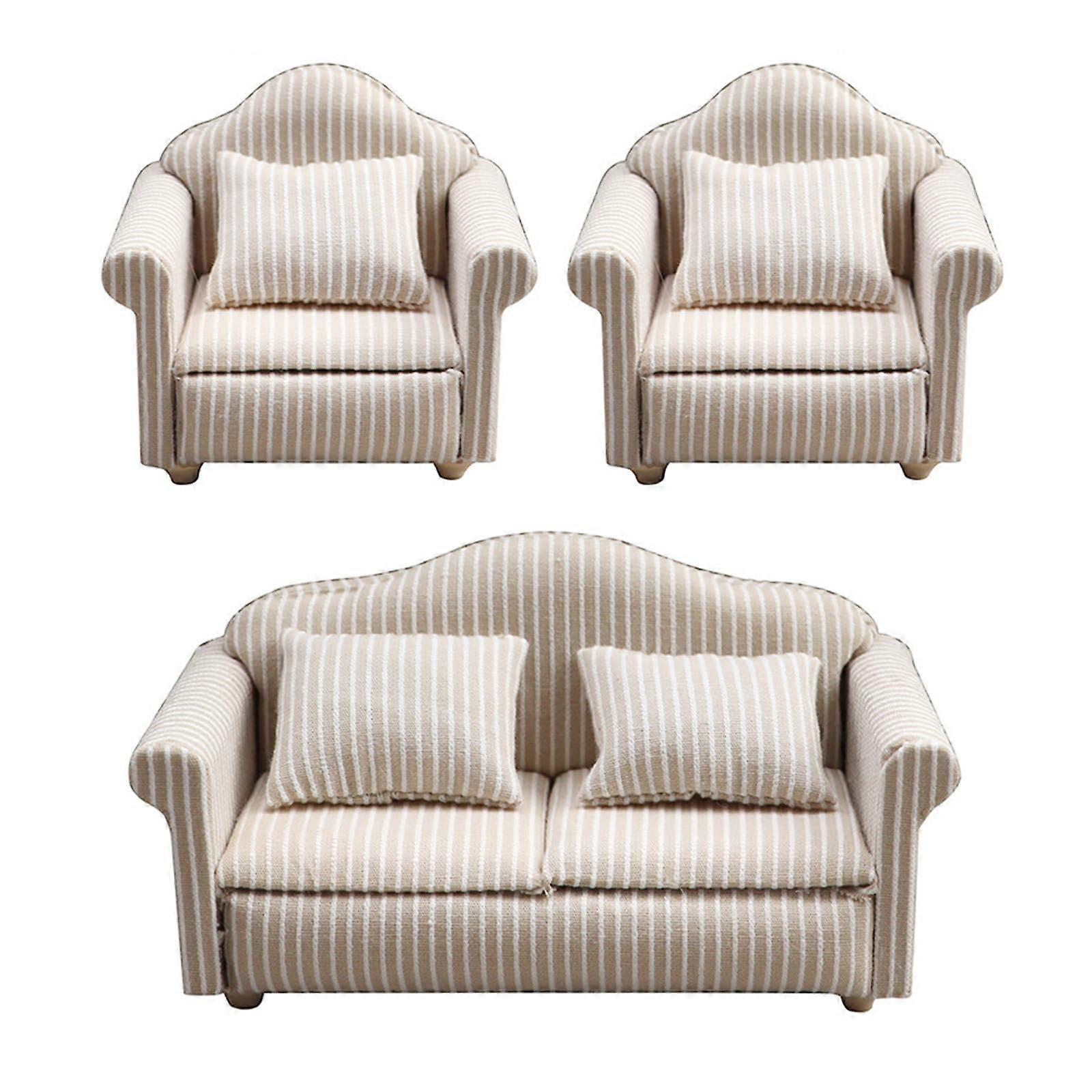 Miniature Sofa with Cushion Set for Dollhouse Enthusiasts, 3 Pieces Fits 1:12 Scale Models for Various Displays, Comfortable Dollhouse Furniture