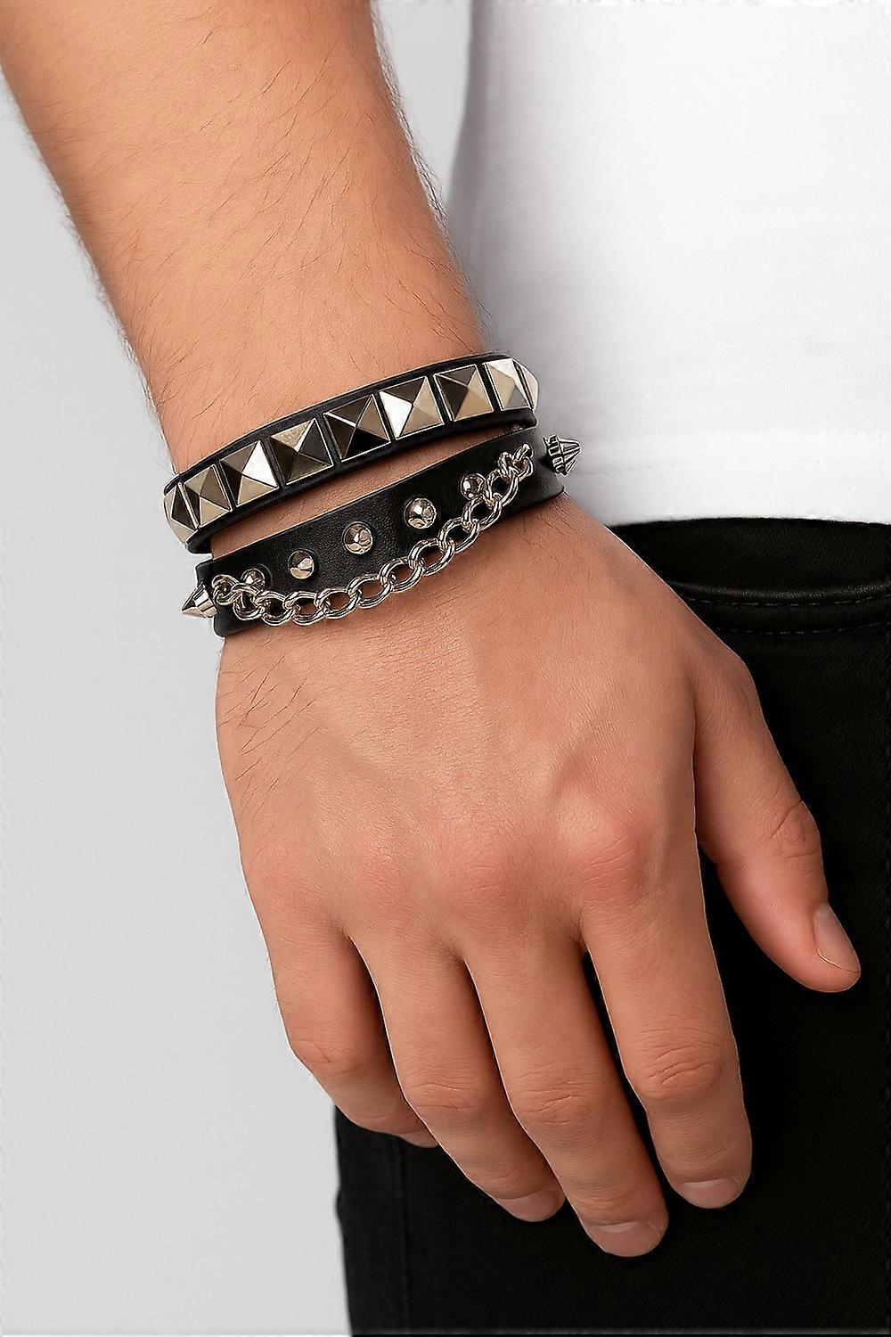 Double Row Leather Bracelet with Pyramid Rivets, Chain and Spikes
