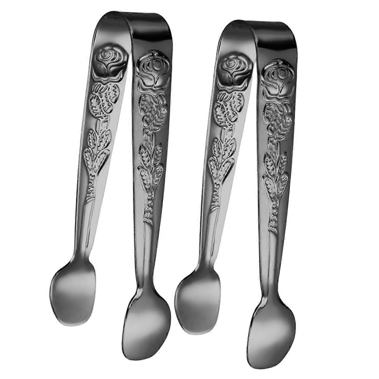 Stainless Steel Sugar Cube Tongs Set of 2 Black Rose Pattern Food Serving Tongs with Skid Design for Buffets and Desserts