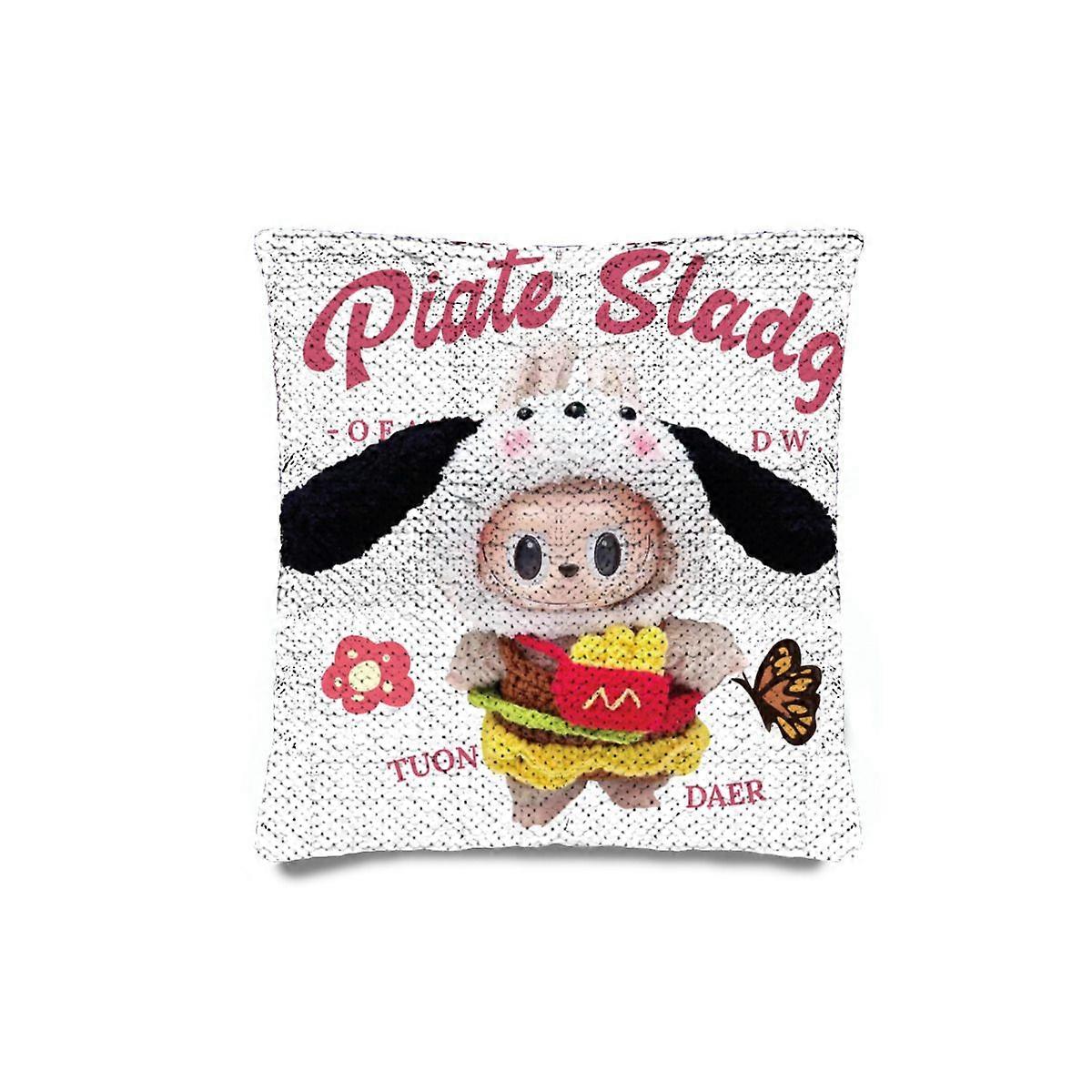 LABUBU Reversible Sequin Pillow Case Magic Flip Cushion Cover with Cartoon Print