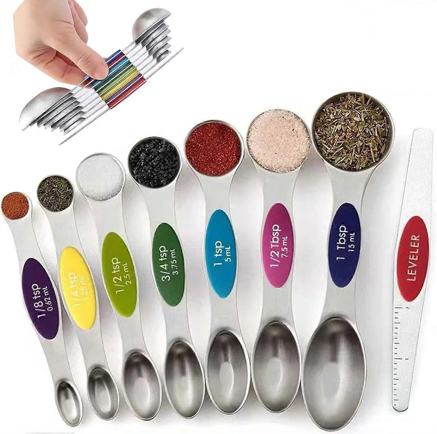 Magnetic Measuring Spoons Set, 7 Measuring Spoons and Cups 1 Leveler Stainless Steel Dual Sided Stackable Teaspoon for Liquid and Dry Ingredients(Colo