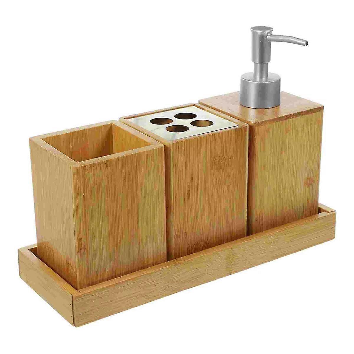 1 Set Bamboo Bathroom Accessories Set Washable Bath Kit Toothbrush Holder Soap Dispenser Shampoo Bottles