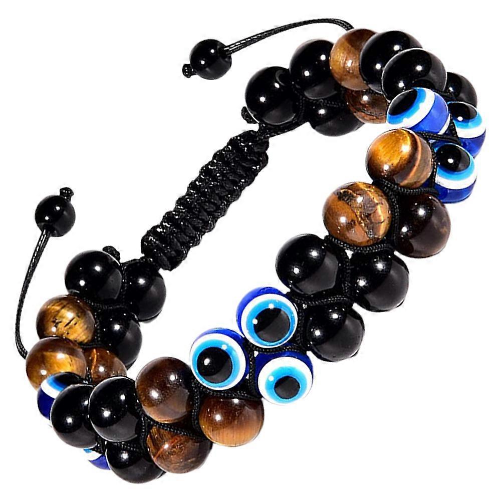 Stone Beaded Bracelet with Evil Eye and Tiger-Eye for Yoga 2Pcs Set