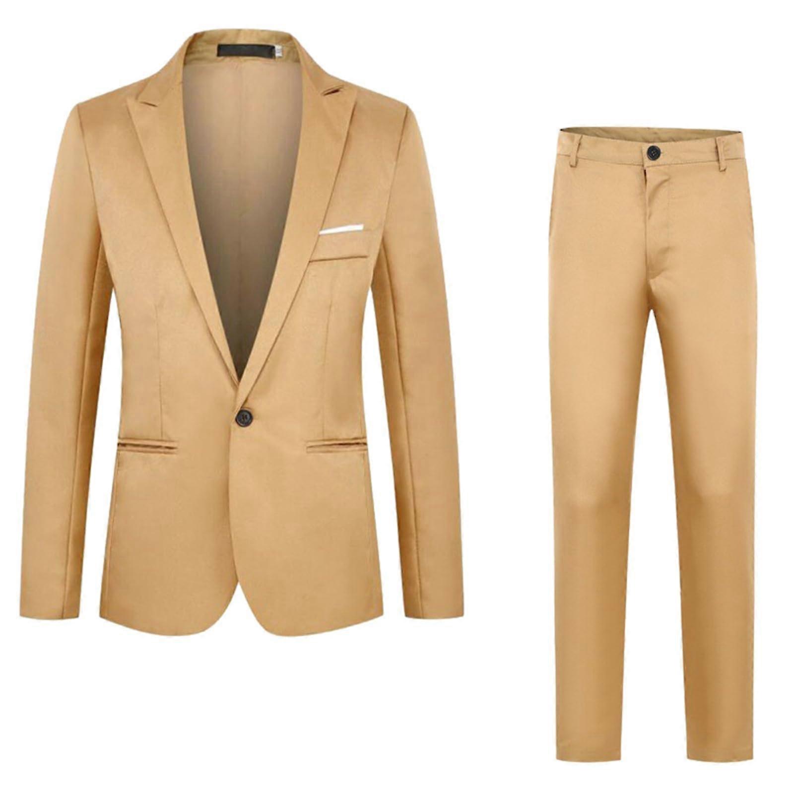 Men's Business Set 2Piece Khaki NonIron Suit SlimFit Lapel Plain RegularFit Groom Set Modern Wedding Suit 4XL