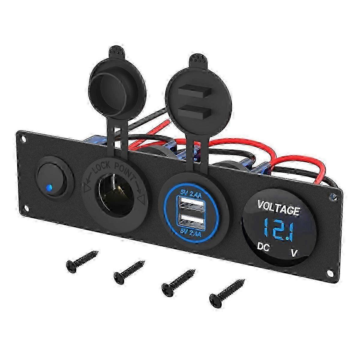 4 in 1 12V USB Paneel+LED Voltmete &Dual USB Oplader Socket Power&Sigarettenaansteker Socket & Toogle S