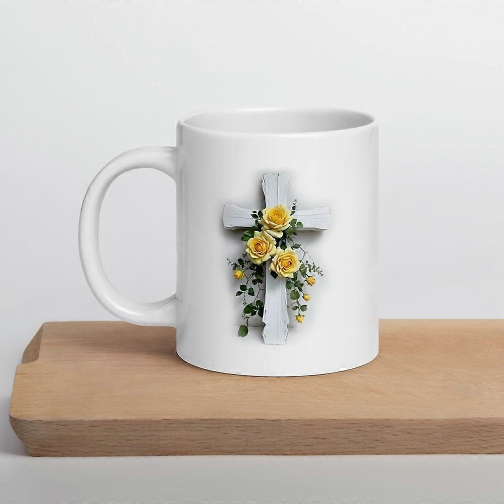 White glossy mug, with Decorated Cross Design
