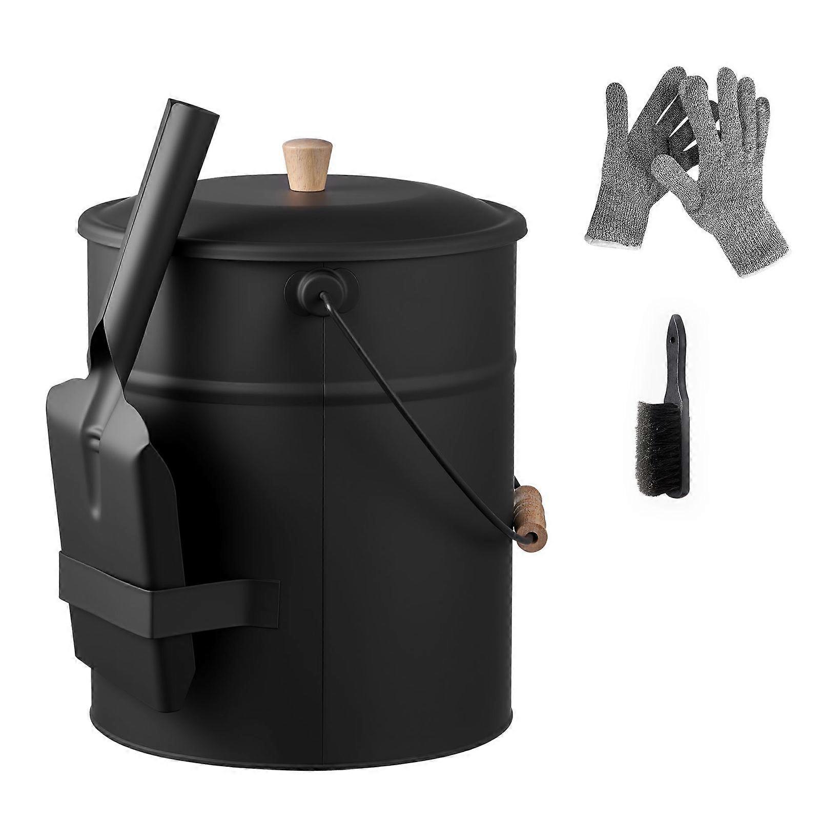 Ash Bucket, 4 PCS with Lid, Shovel, Broom and Gloves, Metal Fireplace Charcoal Bucket and Ash Can, 15L Large Capacity