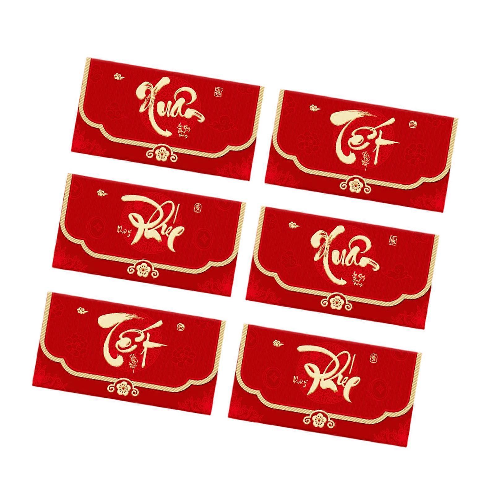 Pack of 6 2026 Year Red Envelopes Vietnamese Cultural Design Gold Glitters Frosted Texture for New Year Celebration Multicolor
