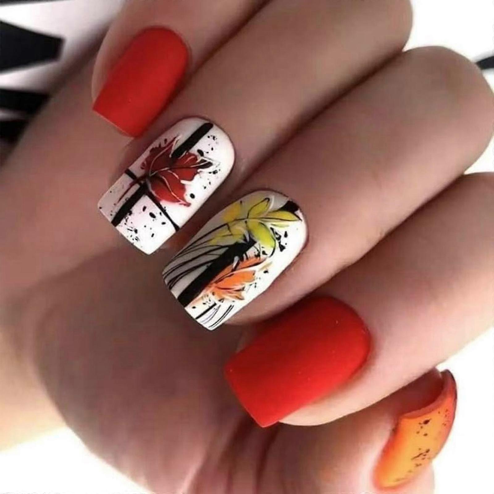 Thanksgiving Themed Matte False Nail Red Orange Autumn Leaf Patterns Easy Application Design Multicolor