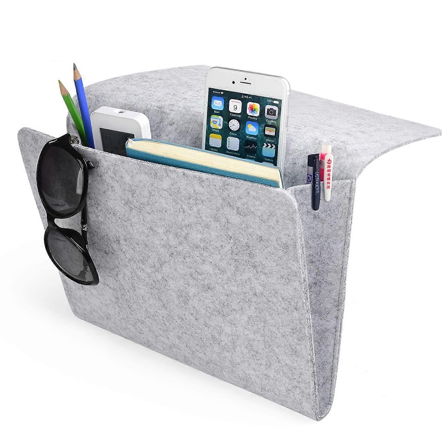 Bedside Caddy Felt Pocket Organizer With 2 Small Pockets For Magazine And Phone Keeps Essentials Handy Light Grey
