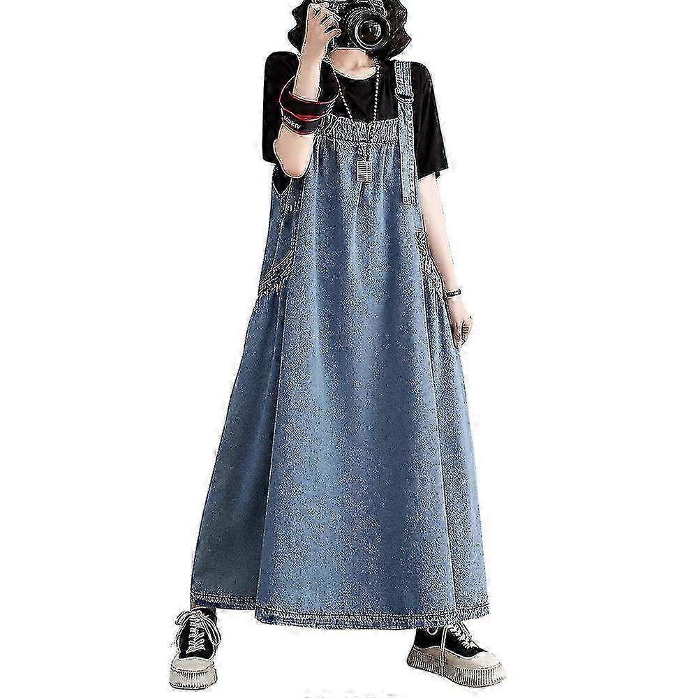 فستان Pinafore بدون أكمام غير رسمي - دبابة جينز فضفاضة للنساء مع جيوب
