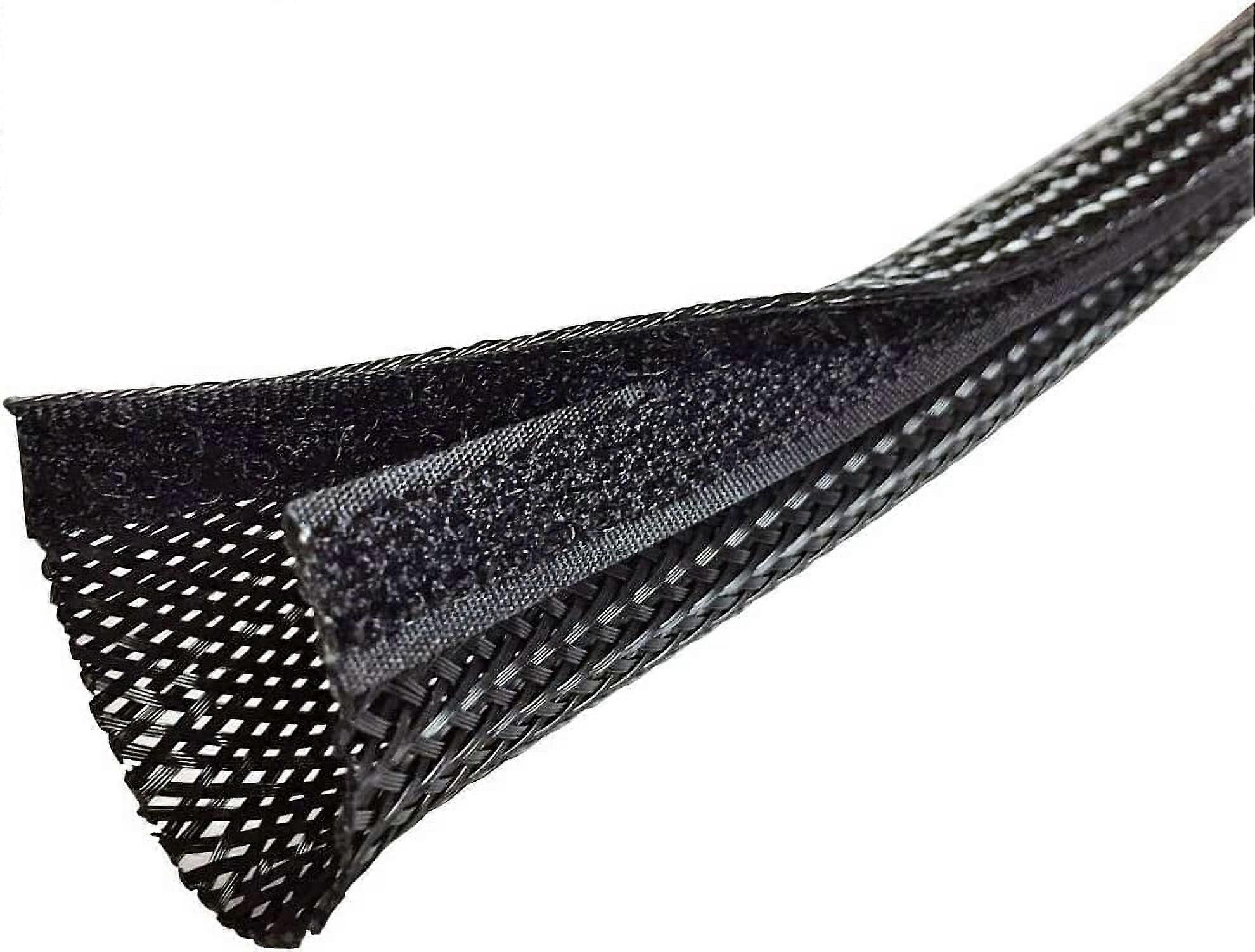 3/4 Side Entry Cable Wrap Braided Sleeving with Hook & Loop Fastener - 10 Feet (Black)