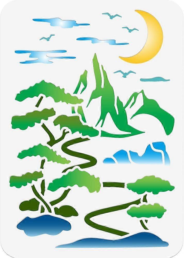 Mountain and Moon Painting Stencil 11.69x8.27 Inch Reusable Craft Stencils Hollow Out Drawing Painting Template for Painting on Wood Fabric Paper Wall
