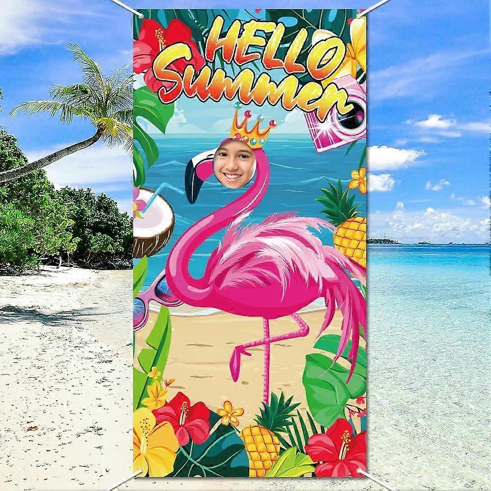 Hello Summer Photo Backdrop 5.9x3ft Summer Hawaiian Beach Party Decor with Flamingo Design Face in Hole Polyester Fabric Easy Setup Perfect for Birthd