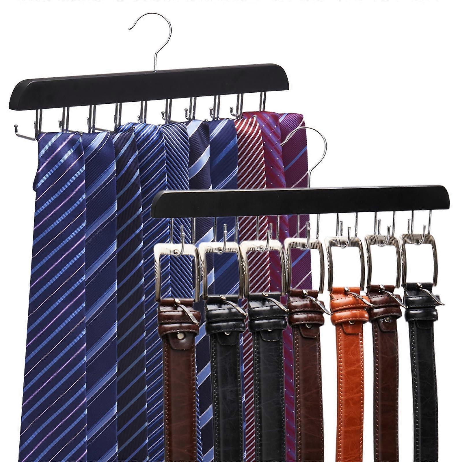 Wood Tie Rack and Belt Hanger 2 Pack, 2 in 1 Space Saving Closet Organizer with Rotating Hooks